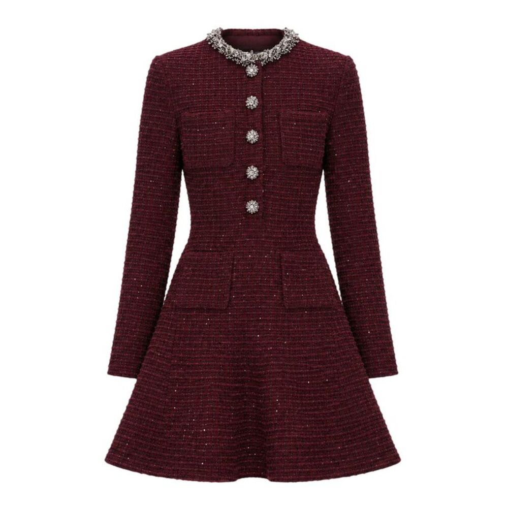 Self-Portrait Women Bordeaux Knitted Mini-Dress With Embellishments